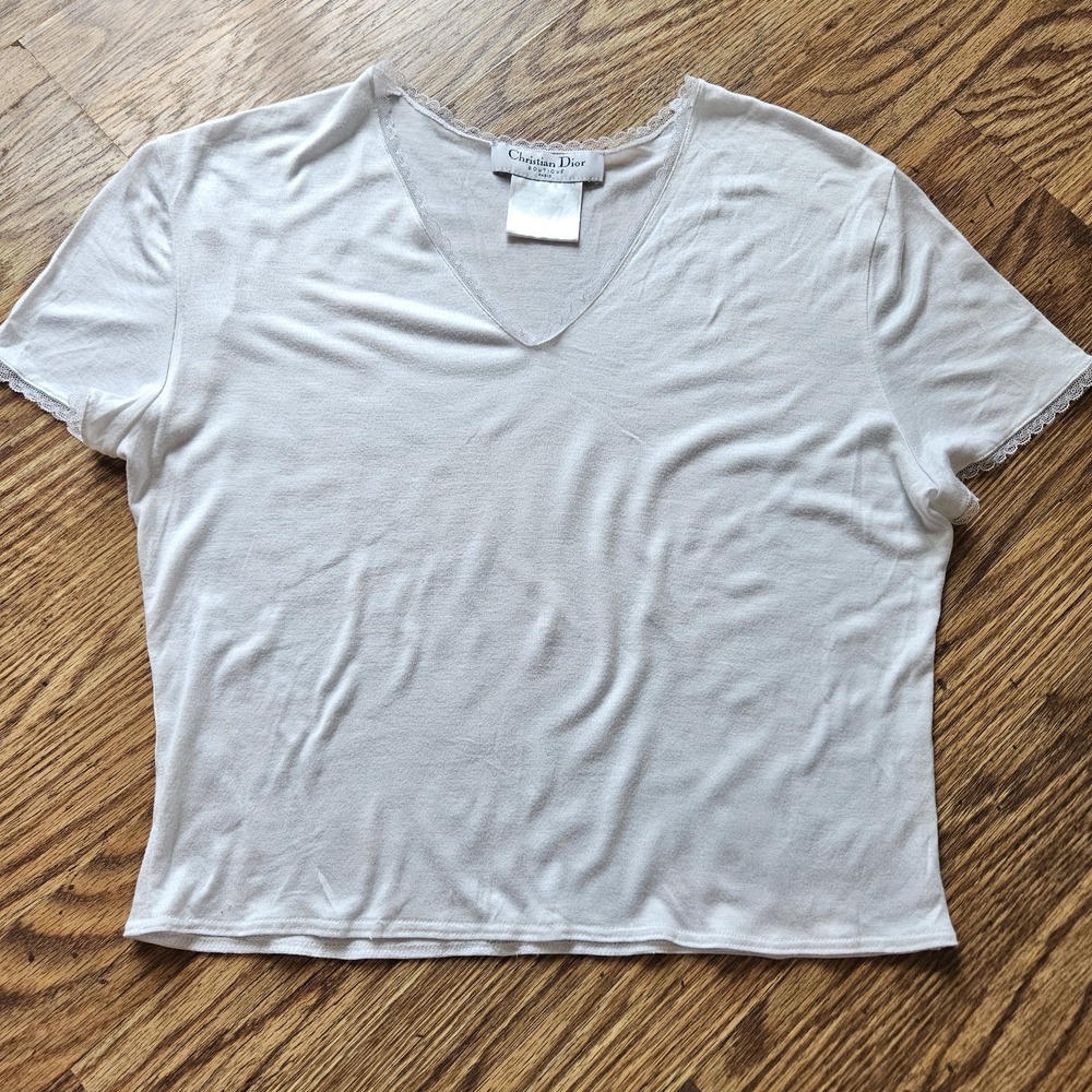 Christian Dior XS S White Women's Baby Tee T-Shirt Lace Hem Basic Staple Dianty
